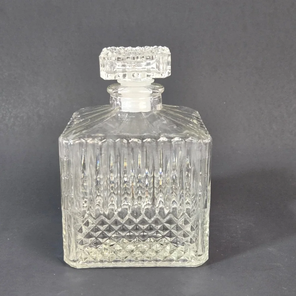 Vintage Glass Liquor Decanter Square Diamond Cut Fluted Barber Bottle Stopper